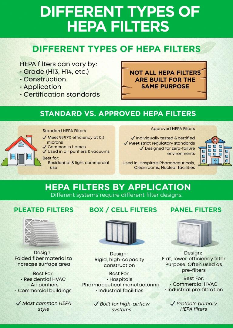 Infographic explaining different types of HEPA filters and their applications.
